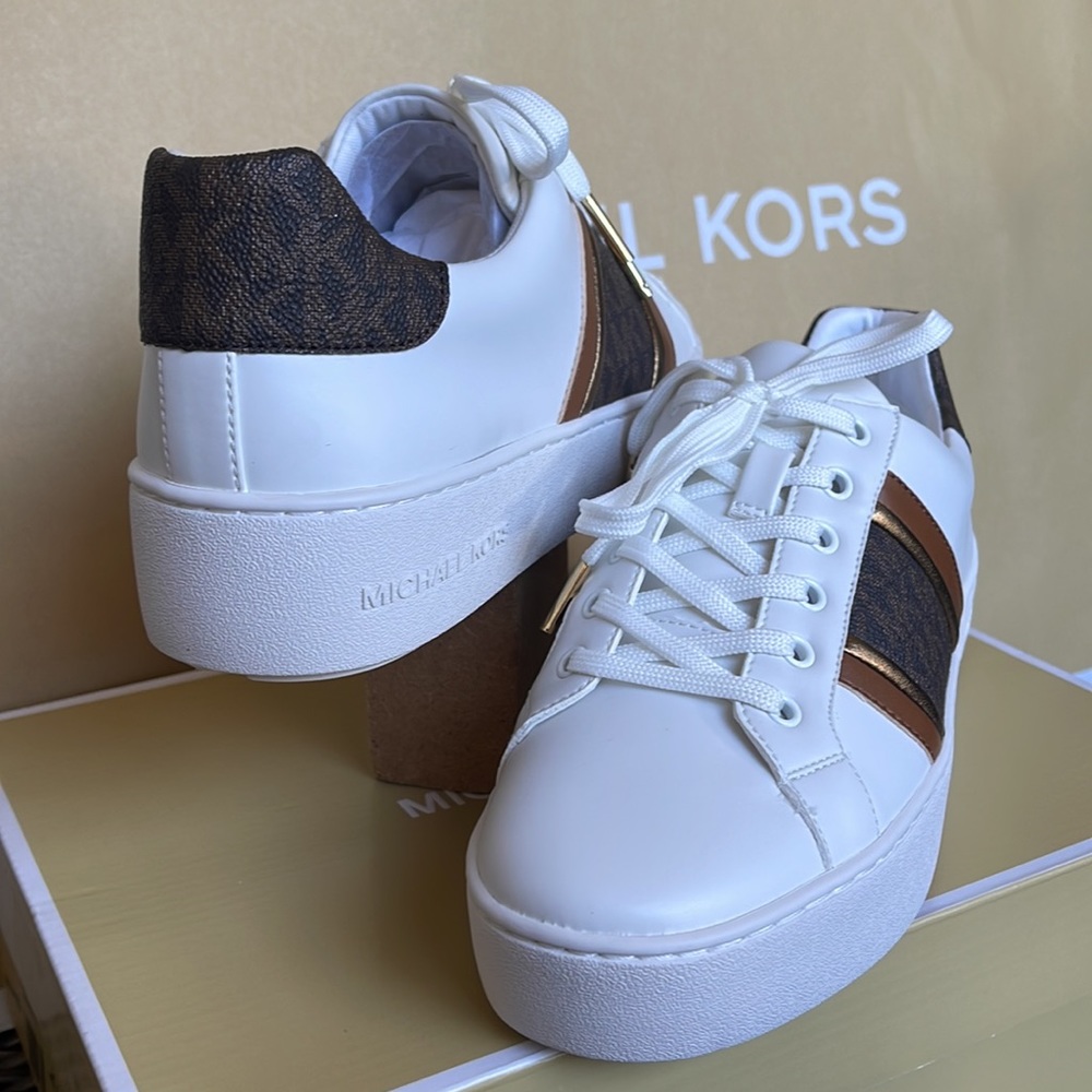 MICHAEL KORS POPPY STRIPE LACE UP NAPPA FAUX LEATHER WMNS OPTIC WHITE/BROWN - Picture 10 of 16